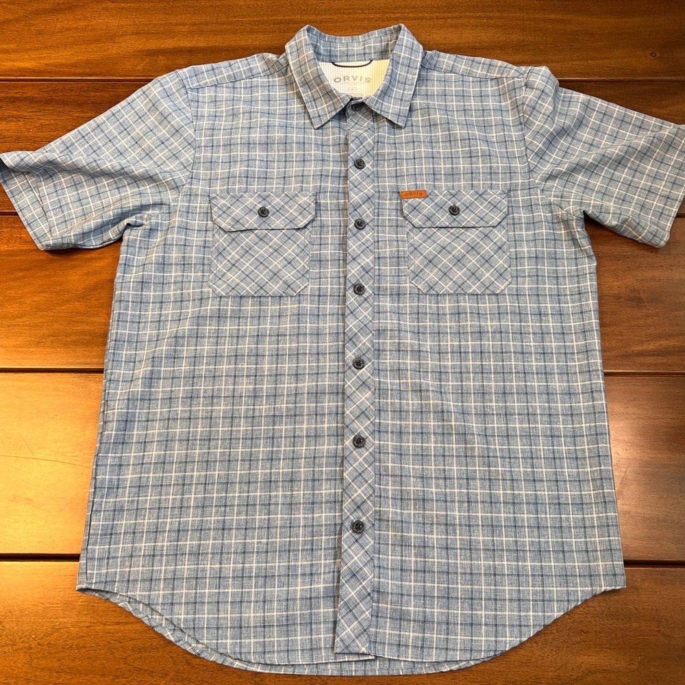 Orvis Classic Quick Dry Blue Checkered Men's Short Sleeve Shirt Performance Med‎